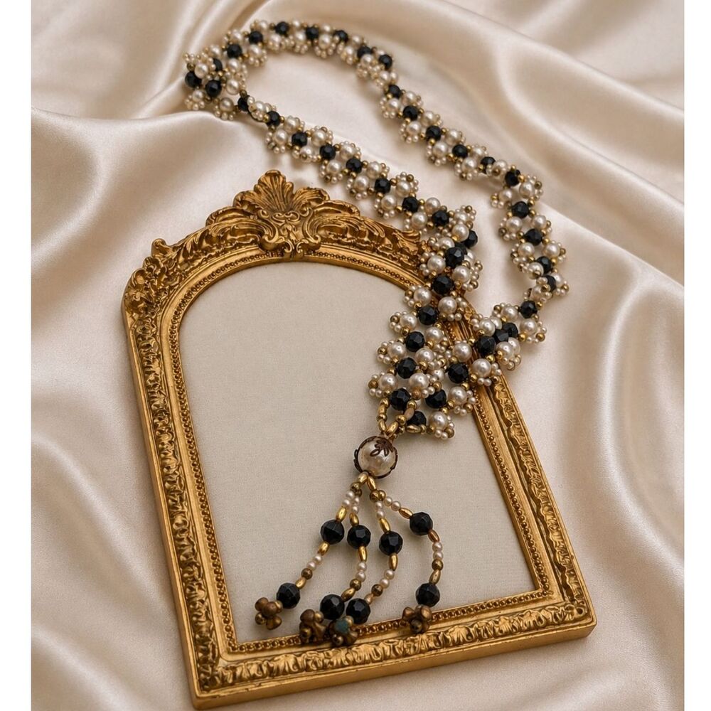 Vintage 1960s Black White Faux Pearl Lucite Tassel Necklace Mid Century Glam